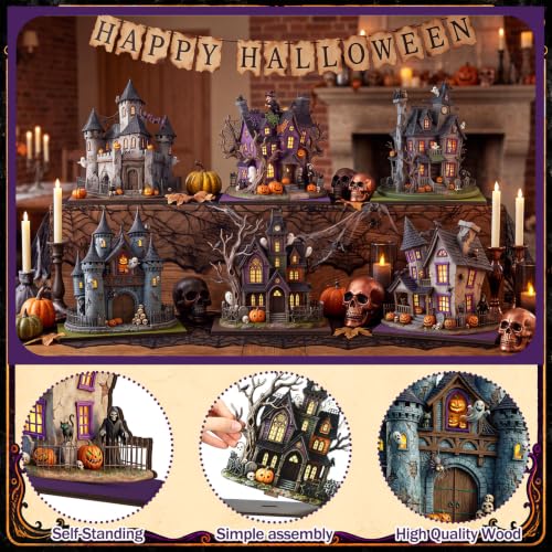 Image of Yuntau 6 Pcs Halloween Wooden Table Decorations Haunted House Table Centerpiece Decor Spooky Ghost Pumpkin Castle Tabletop Signs with Stands, Rustic Tiered Tray Mantel Decor for Halloween Party