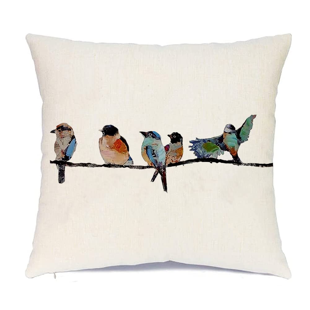 RABUSOFA 18x18 Outdoor Birds Pillow Decorative Throw Pillows,Small Throw Pillows for Couch,Hand-Painted Pillowcases Spring Summer Decorations Cushion Covers Cotton Linen for Sofa Teal Blue