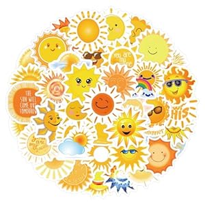 60 calcomanías de sol – vinilo impermeable lindo sol calcomanías para botella de agua, diario, portátil, equipaje, álbum de recortes, recuerdos de fiesta, regalos de sol, decoración de fiesta de