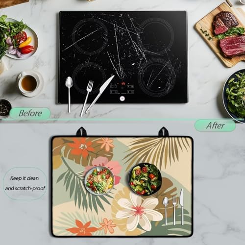 Image of Electric Stove Top Covers Heat Resistant Glass Ceramic Cooktop Cover Mat Multipurpose Kitchen Scratch Resistant Flat Top Stove Cover, 29 x 21 Inch, Boho Tropical Hibiscus Print