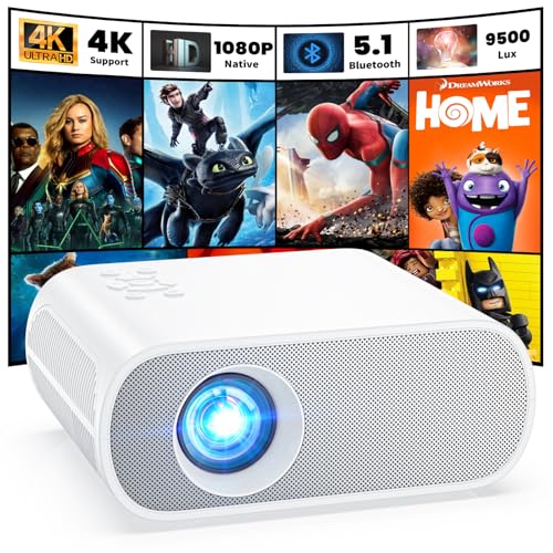 HOMPOW Projector, Native 1080P Full HD Bluetooth Projector with Speaker, 9500 Lumens Outdoor Portable Movie Mini Projector Compatible with Laptop, Smartphone,...