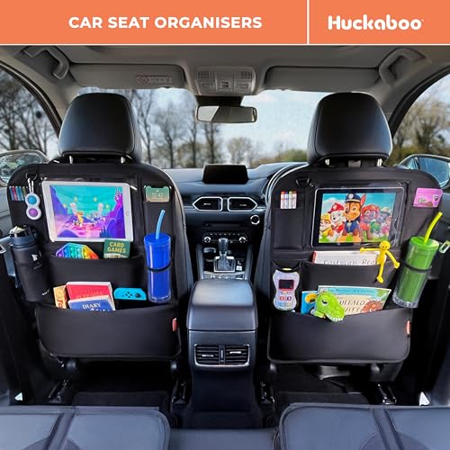 Huckaboo Car Seat Organiser - Kids Back Seat Organiser, Storage Pockets, Screen Holder, Black, 2 Pack