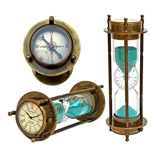 Hanzla Collection Marine Antique Brass Compass Hourglass Nautical Maritime Sand Timer & Desk Clock Vintage Hour Glass Metal Sand Watch Sand Clock Decorative Sandglass for Gift & Home Desk Office Decor