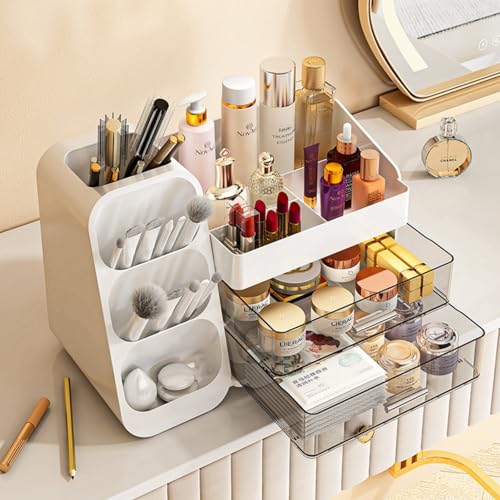 Image of Booklov Makeup Organizer for Vanity, Large Capacity Cosmetic Display Case with Clear Acrylic Drawer, Countertop Beauty Storage Holder for Skincare, Brush Eyeshadow Lipstick, Counter Desk, Crystal Pink