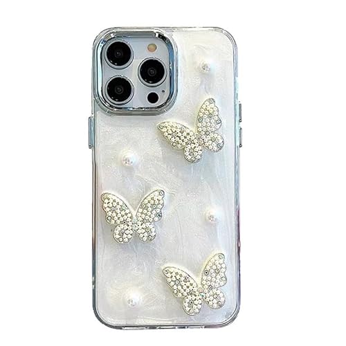 NICEHOLI iPhone 14ProMax用 ケース 3Dパールバタフライ電話ケース パールホワイト オールインクルーシブTPUスマートフォン保護ケース ハンドメイド 軽量ラグジュアリー 落下防止 耐衝撃 放熱 耐摩耗 レンズ保護 耐衝撃電話ケース(
