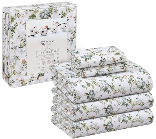 RUVANTI 100% Cotton Split King Sheets Sets for Adjustable Bed, 5 PCs, Soft & Breathable Percale Weave Bedding, Deep Pocket 16", Hotel Standard, Crisp Cool Feel & Durable, Floral Sheet, Heritage