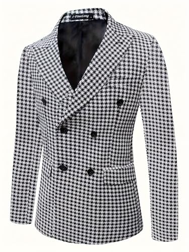 Men's Suit Jacket, Houndstooth Slim fit Fashionable Casual Jacket, Lapel Double Breasted Suit Party Tuxedo Coat3
