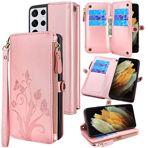 Lacass[Cards Theft Scan Protection] 10 Card Slots Holder Zipper Pocket Wallet Case Flip Leather Cover with Wrist Strap Magnetic Closure Stand Carrying Pouch for Samsung Galaxy S21 Ultra(Rose Gold)
