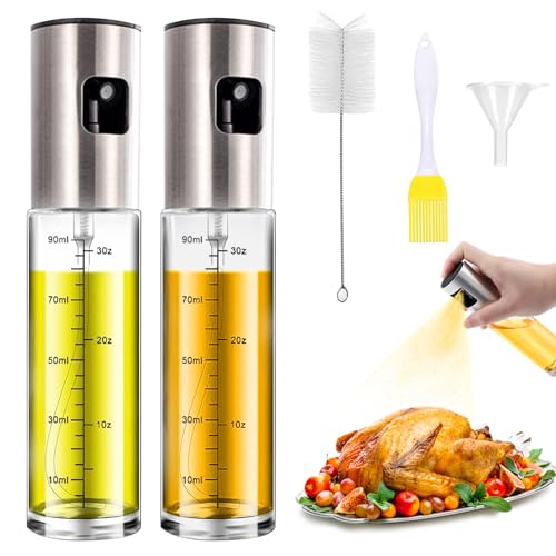 Honnesserry Spray d'huile Renforcé 2 Pièces, 100ml Spray Huile Cuisine, Vaporisateur Huile Pour Salade, BBQ, Cuisson Dans La Cuisine, avec 1 Brosse, 1 Entonnoir, 1 Brosse à huile