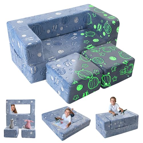 Image of MeMoreCool Modular Kids Sofa, Glow in The Dark Space Kids Play Couch Sofa, Blue Fold-Out Foam Lounger Chair for Girls and Boys, Bedroom and Playroom