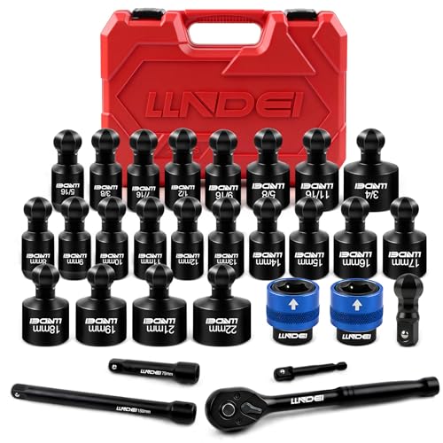 Image of LLNDEI 29Pcs Swivel Socket Set, Quick Release Design, CR-MO 3 /8 Swivel Sockets Metric(8-22mm)&Sae(5 /16 inch-3 /4 inch), Wobble Socket Set with Ratchet Wrench, Extension Bar and Adapters.