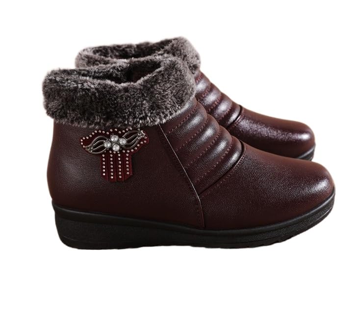 Womens Black Wedge Heel Ankle Booties Soft Leather Platform Side Zipper Sparkling Rhinestones Winter Warm Fur Lined Thickening