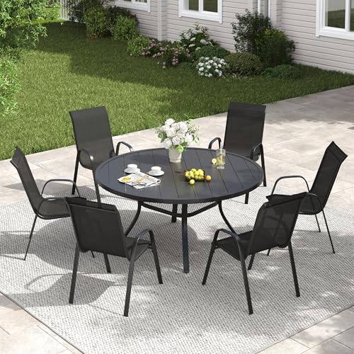 Image of VICLLAX Patio Dining Set for 6, All Weather Metal 7 Pieces Patio Set-47.2 inch Round Outdoor Table and Stackable Chairs for Lawn Garden and Backyard, Black Tabletop
