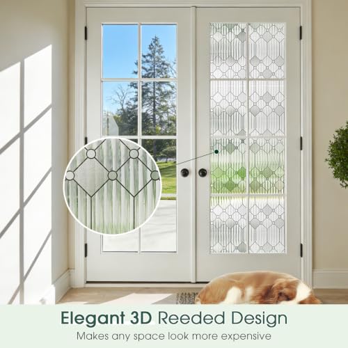 Image of Coavas Reeded Glass Window Privacy Film, 3D Fluted Frosted Static Cling, No Glue Removable, Renter Friendly Day & Night Privacy, UV Blocking Anti-Glare for Bathroom Glass Door 29.5x78.7in, Reeded