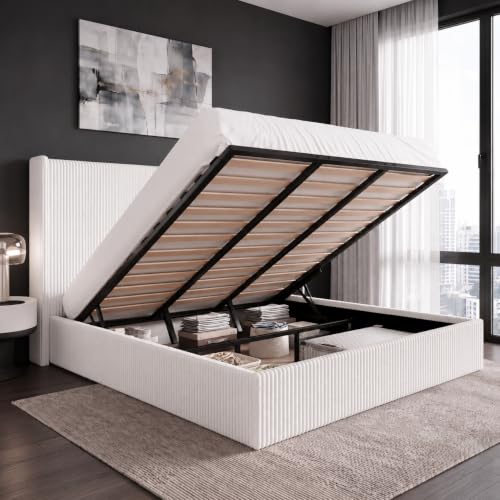 Image of Allewie King Lift-Up Storage Bed Frame, Corduroy Wingback Headboard, White