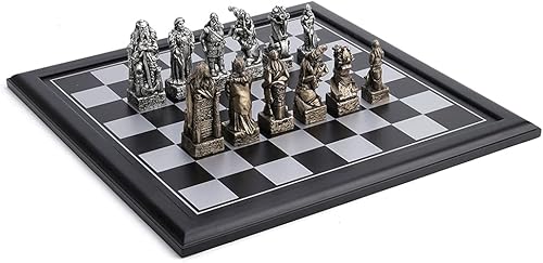 Veronese Design Juego de ajedrez vikingo nórdico de 4 38 pulgadas de alto, tablero de ajedrez negro y gris, pintado a mano, escultura de resina con