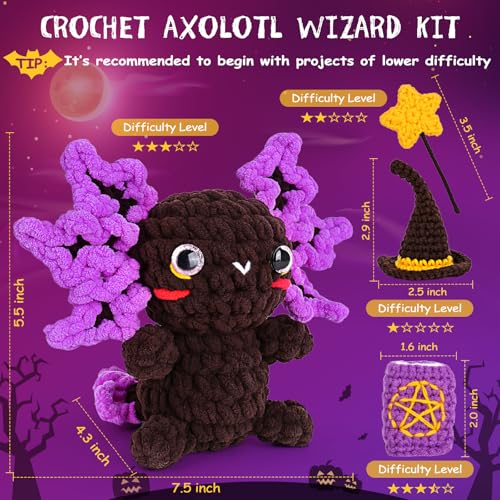 Image of Crochetta Crochet Kit for Beginners, Crochet Starter Kit w Step-by-Step Video Tutorials, Beginner Crochet Kit for Adults Kids Women Men Complete Kit Included (Axolotl Wizard)