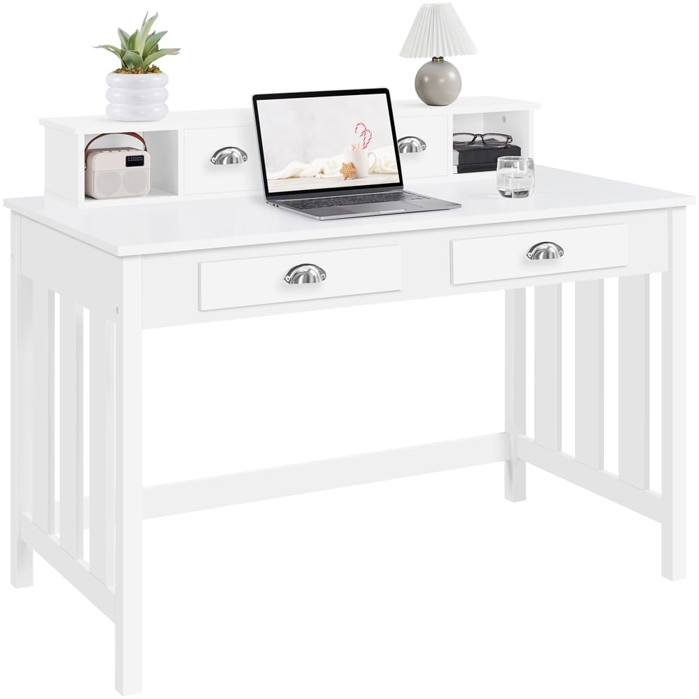 Yaheetech Mesa de Escritorio con 4 Cajones y Estante Mesa de Ordenador Moderno Mesa de Estudio para Oficina Habitacion Tocador 106×53×90cm, Color Blanco
