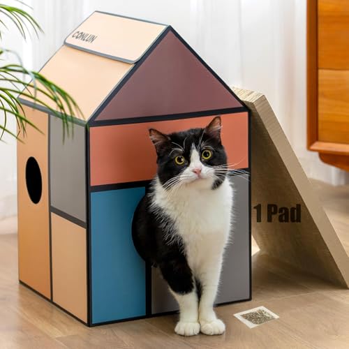 Conlun Cuccia Gatto in Cartone con Tiragraffi per Gatti & Catnip, Casa per Gatti in Cartone Facile da Montare, Adatta a Decorazioni Domestiche, Tiragraffi Gatto Domestici e Piccoli Animali, Medio