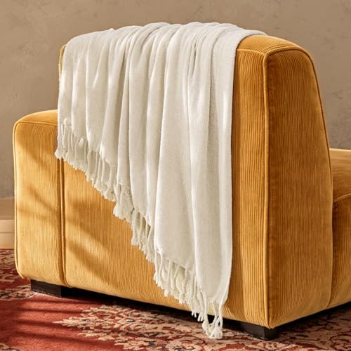 Image of BEDELITE Soft Cozy Chenille Knit Throw Blanket with Tassel,Farmhouse Boho | ideal gift,fuzzy,fluffy,warm,for sofa or bed,room decor,breathable all season,lightweight,machine washable,50*60 cream