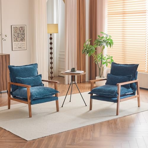 VINGLI Mid-Century Modern Cloud Accent Armchairs Set of 2 with Lumbar Pillow, 6.3'' Thick Seat Cushion Reading Chairs with Wooden Armrests, Boho Lounge Chair for Bedroom, Living Room, Chenille, Teal