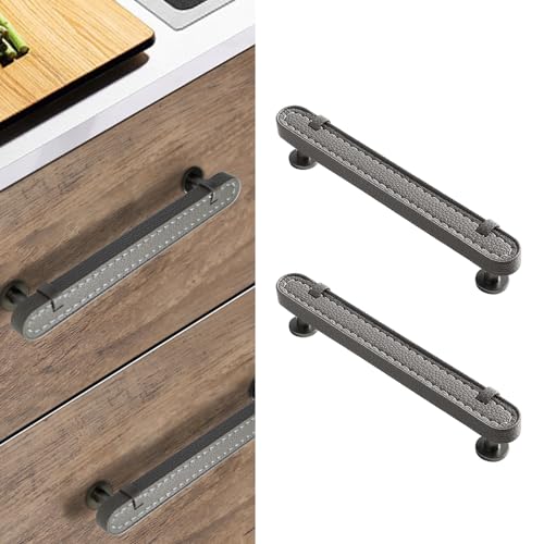 Image of 2 Pack Leather Cabinet Handle Pulls 5 inch Hand-Stitch Grey Drawer Pulls for Cabinets, Cupboards, Dressers, Drawers, Bedroom, Gray