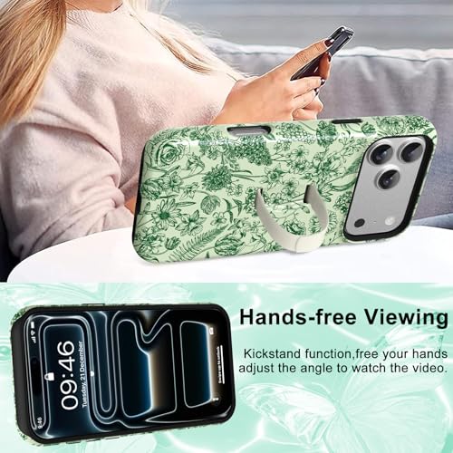 Image of Magnetic for iPhone 17 Pro Case with Finger Strap Kickstand [Compatible with Magsafe] Cute Flower Floral Pattern Design, Dual-Layer Shockproof Protective Cover for Women Men, Green