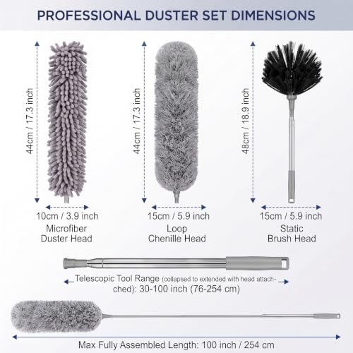 Image of Dishmatic 3 in 1 Long Handle Microfiber Feather Ceiling Duster with Extendable Pole 30-100 Inch with Anti Scratch Bendable Head for Cleaning High Cobweb Stick High Ceiling Fan
