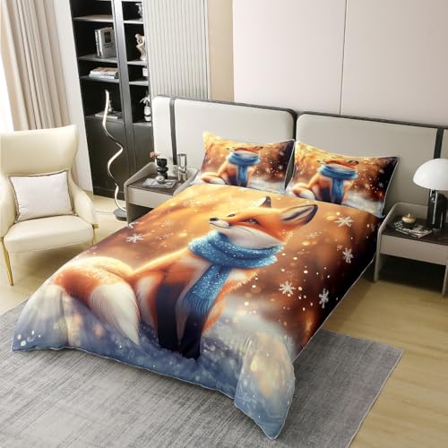 100% Natural Cotton Fox Duvet Cover King Size for Kids Boys,Winter Cartoon Animals 3 Pieces Duvet Cover,New Year Fox Farmhouse Style Comforter Cover (Not Comforter),Dreamy Snow Night Quilt Cover