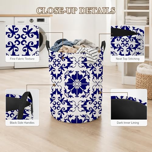 Image of Boho Laundry Basket Oxford Cloth Blue White Tile Laundry Hamper With Handle Foldable Portable Clothes Storage Basket Storage Bag For Laundry Room /Bathroom /Bedroom /Dormitory 20.8 inchx16 inch