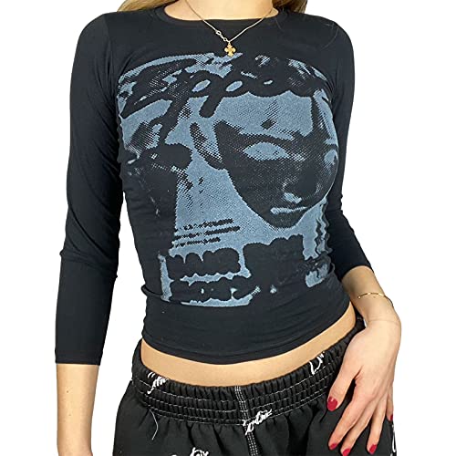 Meihuida Women Y2k Shirt Sexy Graphic Print Tee Long Sleeve Top Black M