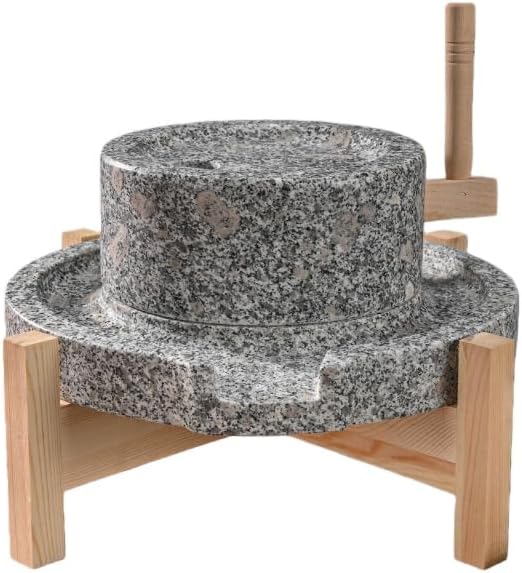 Vollebo手挽き穀物粉、石臼、家庭用製粉機、天然石ミルディスク、麦茶そば米粉 手動卓上回転石臼、木台付き (研磨用上皿直径20c