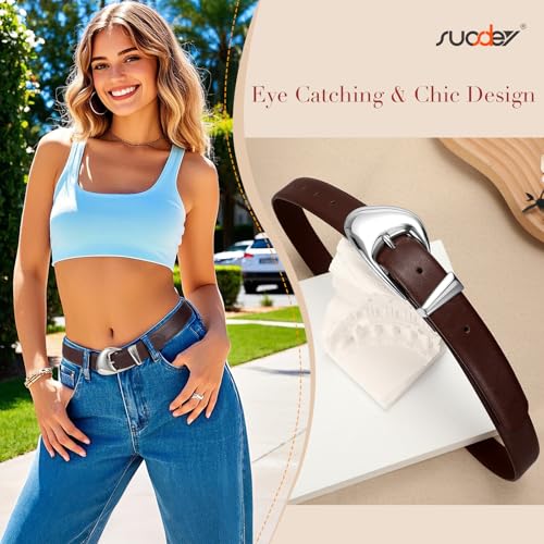SUOSDEY Fashion Womens Leather Belt,Soft Leather Waist Belt with Silver Buckle for Ladies Jeans Pants Dresses,width 1.1"2