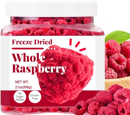 Freeze Dried Whole Raspberries - No Sugar Added Pure Crunchy 2.1oz (60g) Whole Berries in Resealable Jar Tart & Crisp Fruit Snack for Baking Yogurt Smoothies