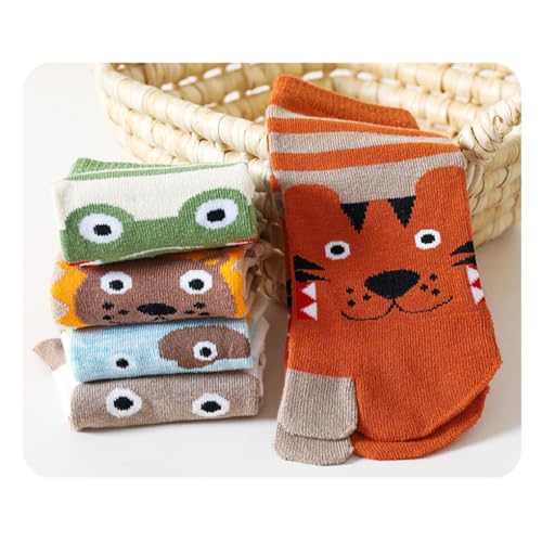 Kids Cotton Toe Socks Medium Tube Two Toed Socks Cute Cartoon Animal Socks for Boys Girls 3-12 Years, 5 Pairs3
