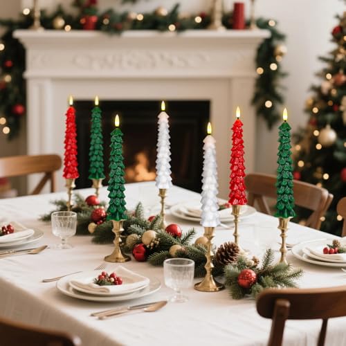Image of Flameless Christmas Tree Candles, Christmas Tree Candles Battery Operated with Remote, Set of 3 Real Wax LED Taper Candle, 9.8 Inch LED Tree Shaped Candlesticks for Home Decor(0.78 inch x 9.8 inch)