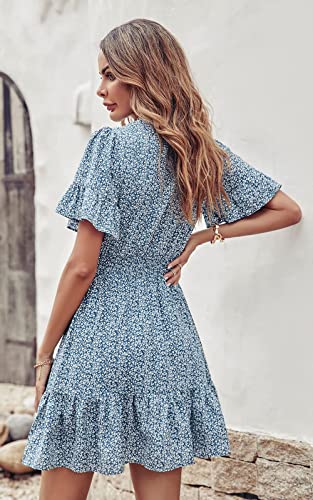 Prettygarden Women's Summer Boho Dress Casual Short Sleeve Tie V Neck Ruffle Floral Print Mini Skater Dresses (Blue,Medium) #TOP4