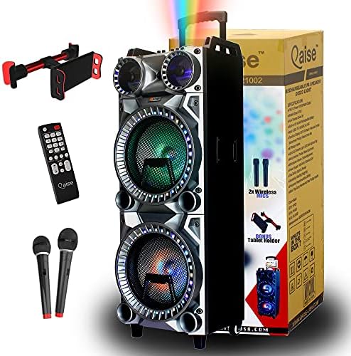 Qaise Karaoke Machine Speaker, Bluetooth Karaoke PA System PA Stereo with Double 10" Subwoofer, Disco Lights,Rechargeable, 2 Wireless Microphones, Recording,MP3/USB/TF/FM Radio, Tablet Holder