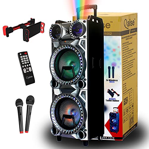 Qaise Karaoke Machine Speaker, Bluetooth Karaoke Pa System Pa Stereo With Double 10" Subwoofer, Disco Lights,Rechargeable, 2 Wireless Microphones, Recording,Mp3/Usb/Tf/Fm Radio, Tablet Holder #TOP3