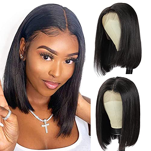 FASHION PLUS Lace Front Bob Wigs for Black Women 4x4 Lace Closure Bob Wig Lace Front Wigs Human Hair Pre Plucked with Baby Hair 180% Density Brazilian Human Hair Bob Wigs Natural Color