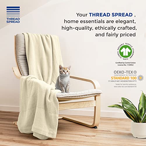 Thread Spread Organic Gots Cotton Blanket, Full/Queen - 350 Gsm, Antistatic, Fuzzy Soft, Lightweight, Sofa, Camping & Travel, Perfect Herringbone All Seasons Throw, Beige + Trendy Tote Bag #TOP7