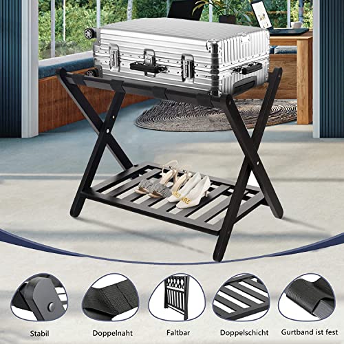 Nisorpa Kofferständer mit Ablagefächern,Gepäckträger klappbar, 68x40x58cm, Gepäckablage aus Bambus, Gepäckständer Platzsparend Kofferablage Kofferbock für Schlafzimmer,Hotel, Schwarz