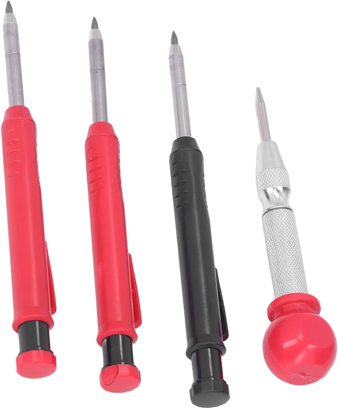 Solid Carpenter Pencil Set with Refills, Center Punch and Long Nosed Mechanical Marker, 2.8mm Red & Black Pens - Versatile Woodworking Tools for Precision Marking in Narrow Are