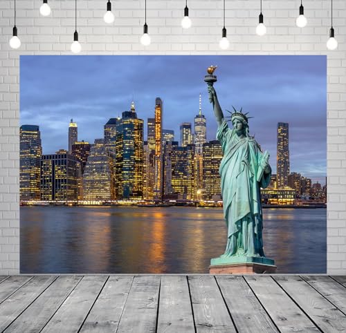 CORFOTO Fabric 5x3ft Statue of Liberty Backdrop Theme Photography Night USA New York City Statue Building Background for Independence Day Anniversary Kids Adults Photo Booth Banner Room Decor by CORFOTO - Used condition - Image 3