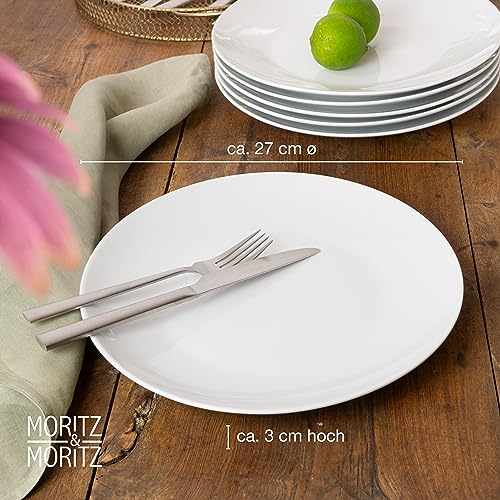 Moritz & Moritz BASIC zestaw talerzy obiadowych dla 6 osób, nowoczesny – Ø 27 cm – wysokiej jakości porcelanowy zestaw naczyń w kolorze białym – płaskie talerze, zestaw 6 sztuk, idealne jako talerze