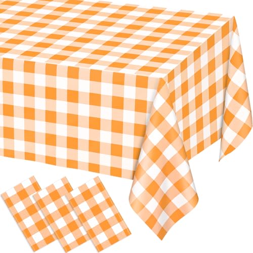 Image of WNINK 3 Pack Orange and White Checkered Rectangular Plastic Tablecloths, Orange Gingham Waterproof Disposable Table Covers 54 inch x 108 inch for Birthday, Wedding, Outdoor Picnic Camping Parties