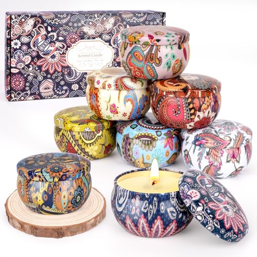 Set 8 Candele Profumate con Base in Legno, Candele Natalizie per Regalo Donna, Idee Regalo per Natale, Compleanno e Mamma, Cera di Soia Naturale