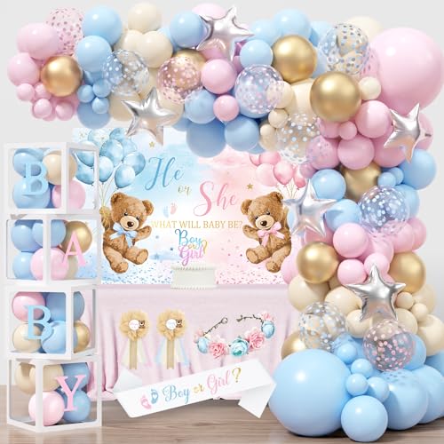 Bear Gender Reveal Decorations He or She Baby Gender Reveal Party Decoration Boy or Girl Bear Theme Party Supplies Backdrop BABY-Box Tablecloth Mom to Be Sash Dad to Be Pin Balloon Arch