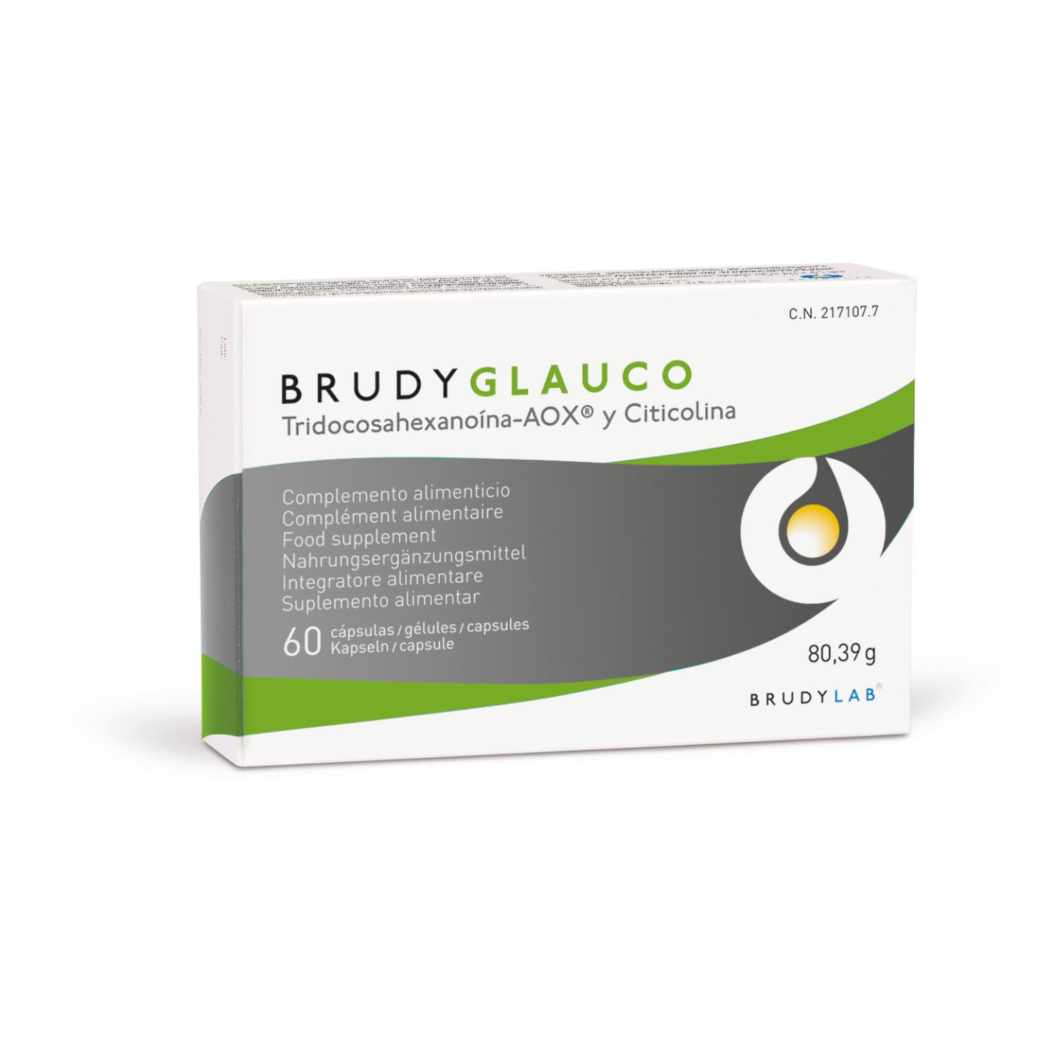 BRUDYLAB - Brudy Glauco - Omega 3 con DHA 70% y Citicolina - Alta Concentración EPA y DHA - Ayuda al Normal Funcionamiento Cerebral, Ocular y Cardiovascular - Sin Gluten ni Lácteos – 60 Cápsulas