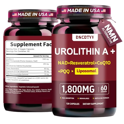 Urolithin A Supplement 1800mg with NAD 200mg Liposomal Urolithin A+ Supplement Capsules Sourced from Pomegranate Extract for Cellular Renewal and Mitochondrial Support, Vegan, Non-GMO, 120 Capsules